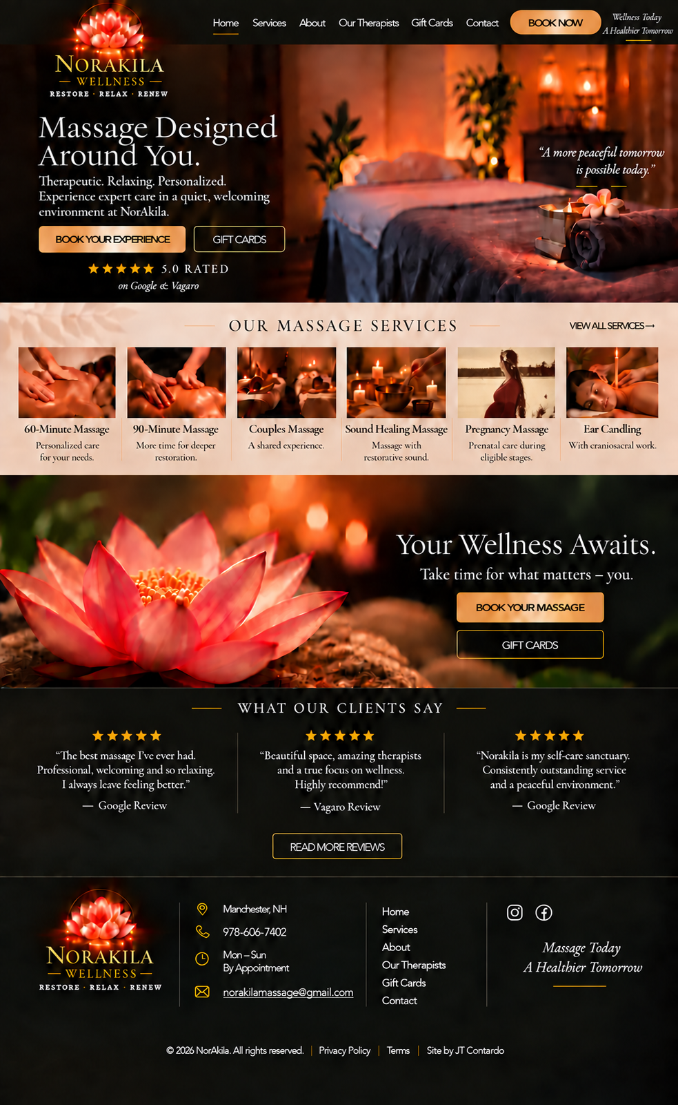 NorAkila homepage with massage services, client reviews, and booking options